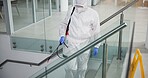 Cleaner, person and spray chemicals office for fumigation, disinfect and safety suit from disease risk in building. Maintenance, liquid and pest control of healthcare, hygiene and virus caution