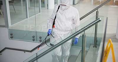 Buy stock photo Cleaner, person and spray chemicals office for fumigation, disinfect and safety suit from disease risk in building. Maintenance, liquid and pest control of healthcare, hygiene and virus caution