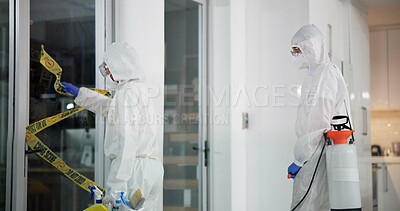Buy stock photo Worker, team and barrier tape for forensic, evidence or cleanup for investigation or restoration. People, ppe suit and crime scene with cleaning, restricted area or office as specialist for biohazard