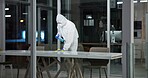 Cleaner, person and cleaning table office for fumigation, spray disinfect and safety suit from disease risk in building. Maintenance, chemical liquid and pest control of healthcare, hygiene and virus