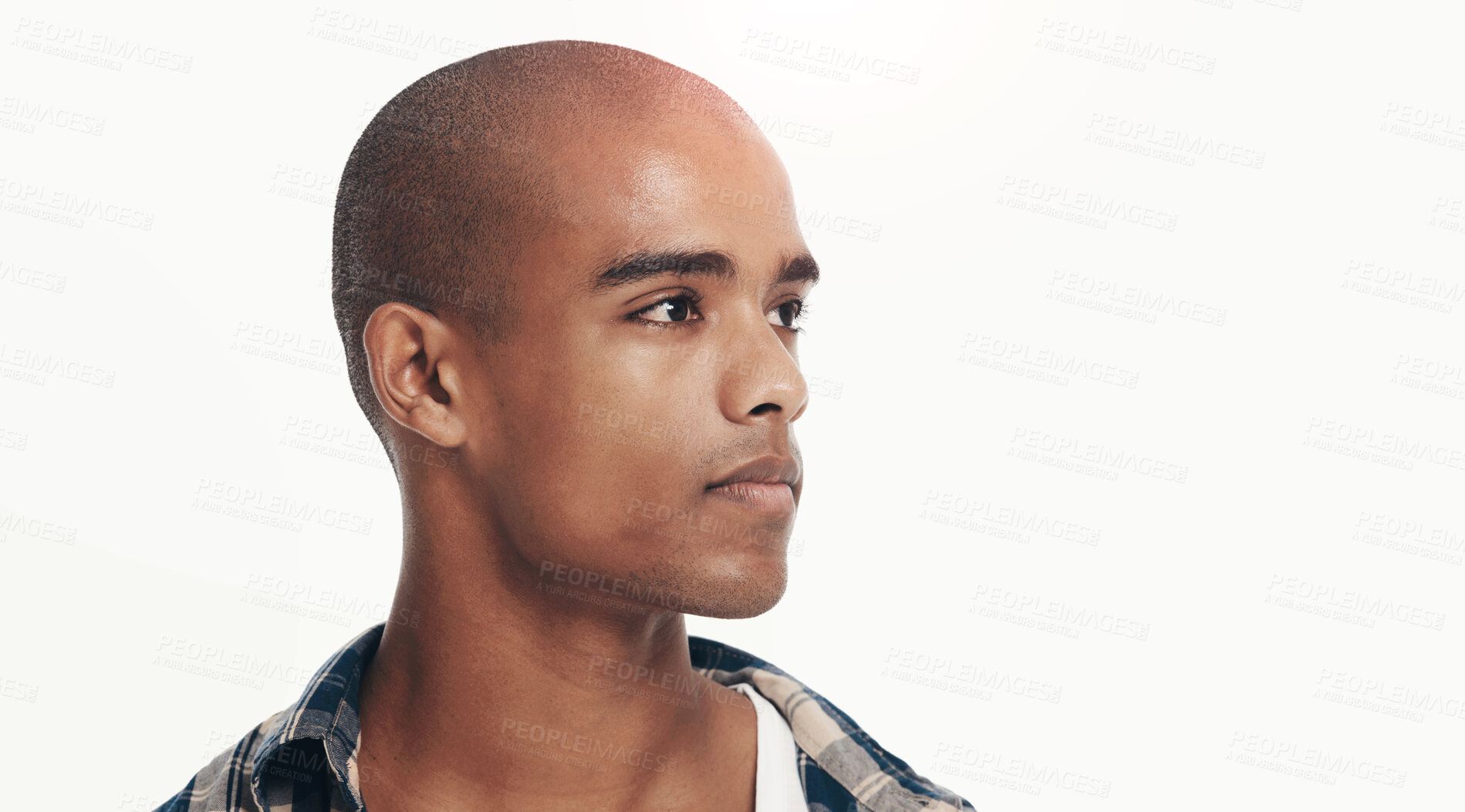 Buy stock photo African man, confidence and pride as model on white background for grooming, wellness and skincare. Male person, clean and aesthetic with mock up space for dermatology, cosmetology and hair removal