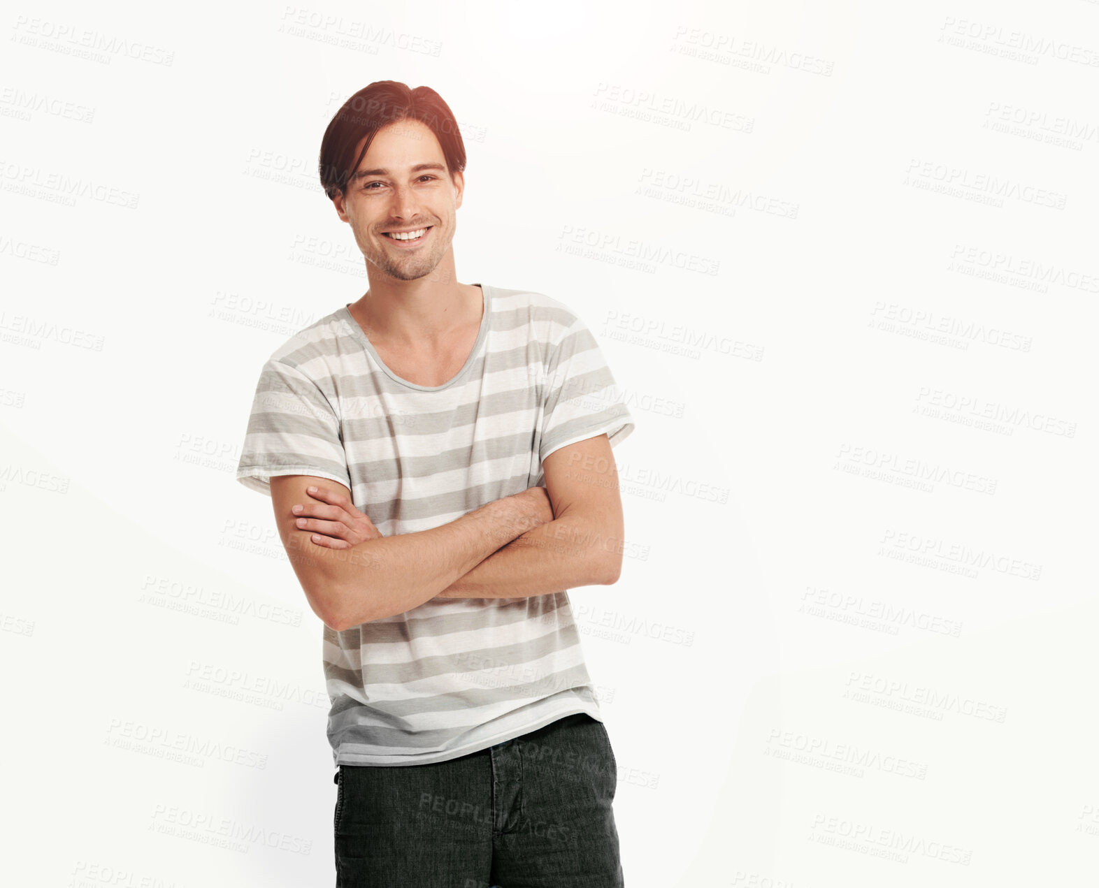Buy stock photo Handsome young man in t-shirt and shorts smiling at you, isolated on white - copyspace