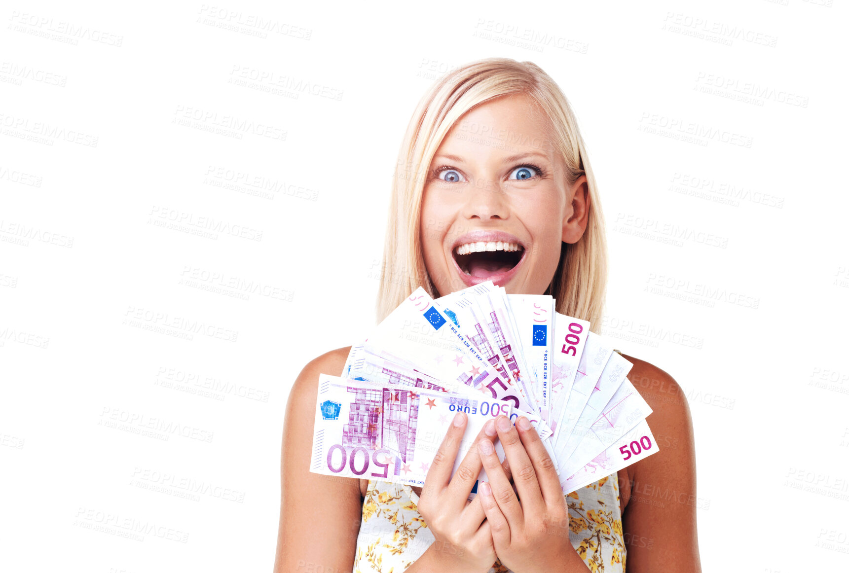 Buy stock photo Winner, cash and lottery prize for woman surprised, excited and happy isolated against a studio white background. Rich, euro and portrait of wealthy female with money for financial freedom