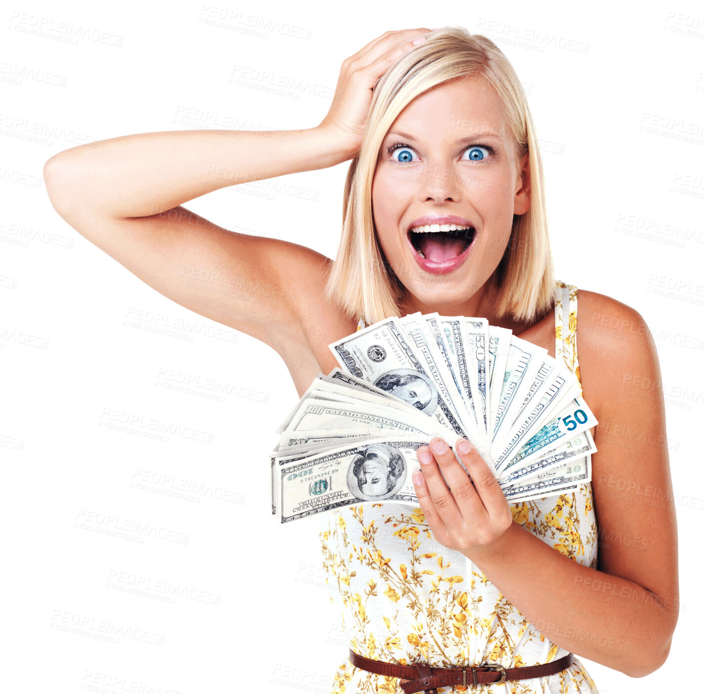 Buy stock photo Shocked, surprised and woman cash prize winner happy, wow and excited isolated against a studio white background. Rich, euro and portrait of wealthy female with lottery for financial freedom