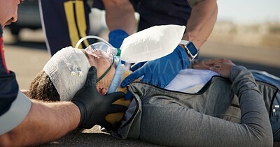 Buy stock photo Paramedic, emergency and injury check on road from car crash accident with healthcare, EMT men and first aid. Patient support, ambulance staff and medical exam for concussion with rescue on stretcher