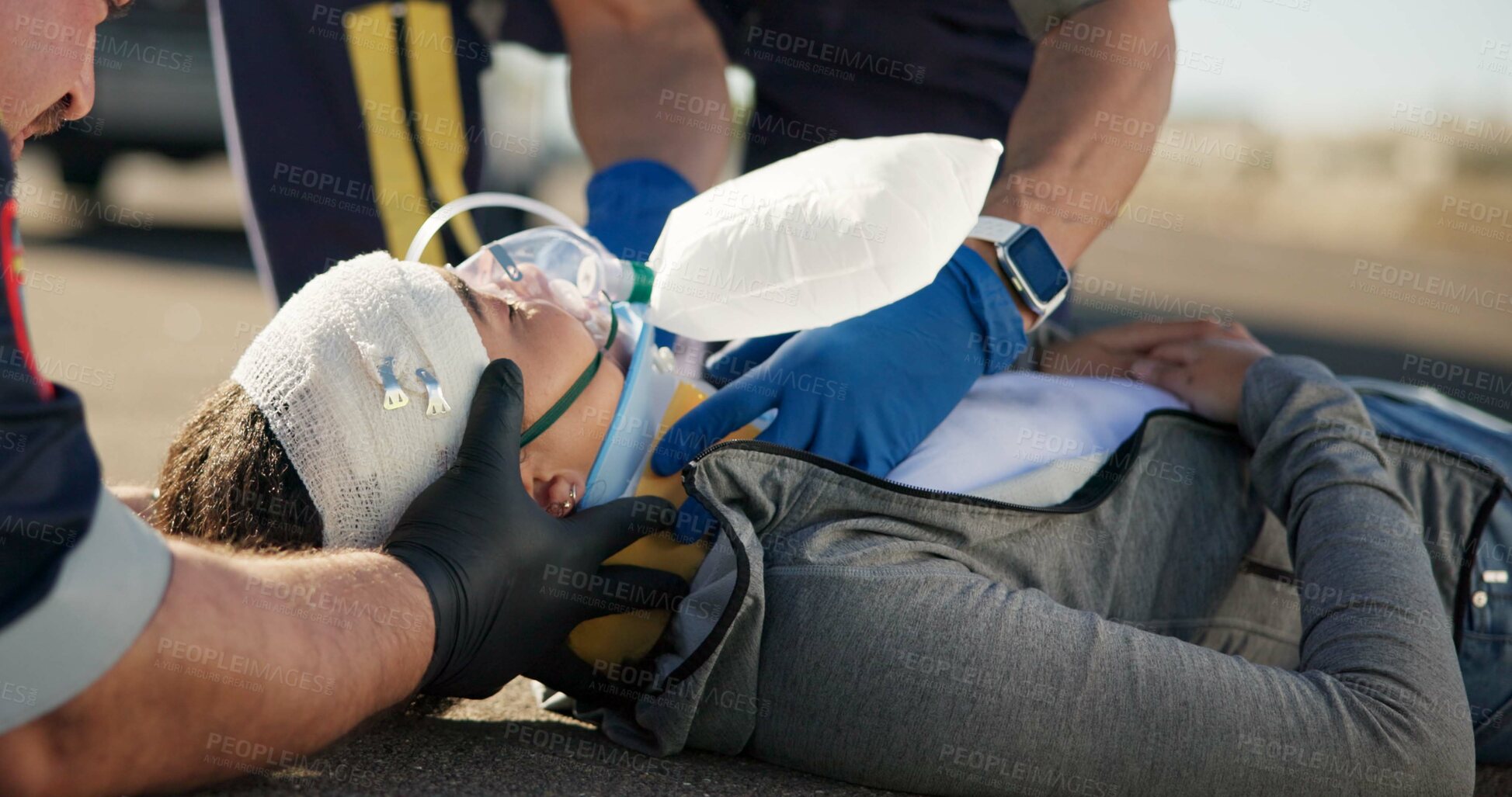 Buy stock photo Paramedic, emergency and injury check on road from car crash accident with healthcare, EMT men and first aid. Patient support, ambulance staff and medical exam for concussion with rescue on stretcher