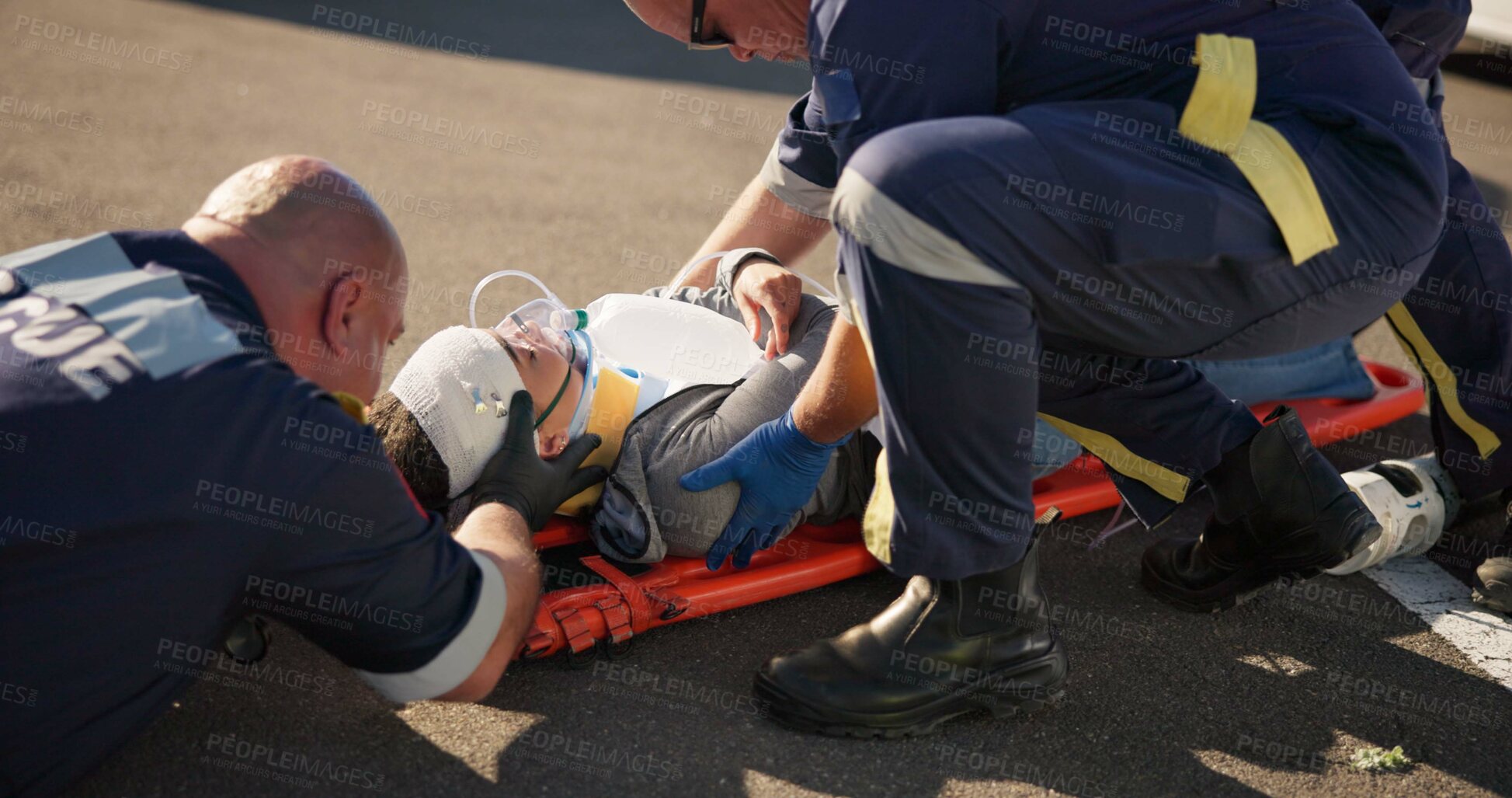 Buy stock photo Paramedic, emergency and injury check on road from car crash accident with healthcare, EMT men and first aid. Patient, ambulance and medical help with rescue on stretcher for transport to clinic 