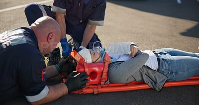 Buy stock photo Outdoor, emergency and patient with paramedics, healthcare and rescue with accident. People, medical and professional with victim, teamwork and injury on street, service and ambulance with first aid