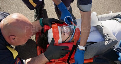 Buy stock photo Paramedic, emergency and injury on road from car crash accident with healthcare, EMT man and first aid. Patient, ambulance staff and medical help with rescue on stretcher for transport to clinic 