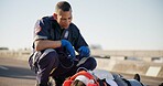 Paramedic, emergency and talking on road from car crash accident with healthcare, EMT man and first aid. Patient, ambulance staff and medical help with rescue on stretcher for transport to clinic 