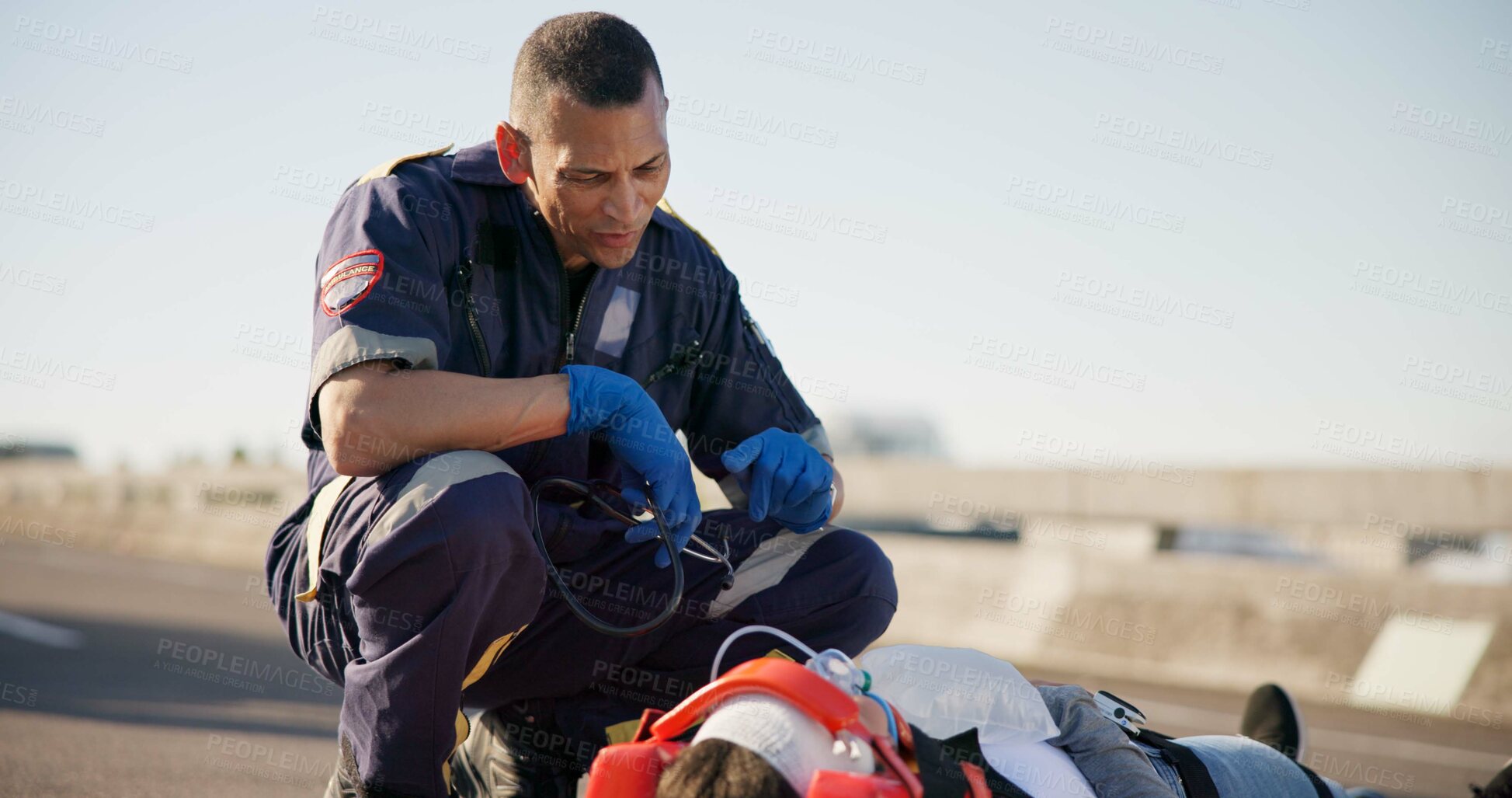 Buy stock photo Paramedic, emergency and talking on road from car crash accident with healthcare, EMT man and first aid. Patient, ambulance staff and medical help with rescue on stretcher for transport to clinic 