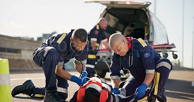 Buy stock photo Paramedic, emergency and ambulance on road from car crash accident with healthcare, men and first aid. Patient, injury and medical help with rescue service with stretcher for transport to clinic 