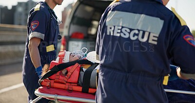 Buy stock photo Person, accident or emergency on road with ambulance or life support, medical service or trauma with ventilation. Safety, first aid or health insurance or air mask for breath on street, ems or crisis