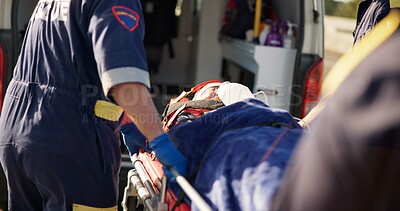 Buy stock photo Person, accident and ems on road with ventilation for life support, medical response to trauma with oxygen. Safety, first aid or health insurance or air mask for breath on street, emergency or crisis