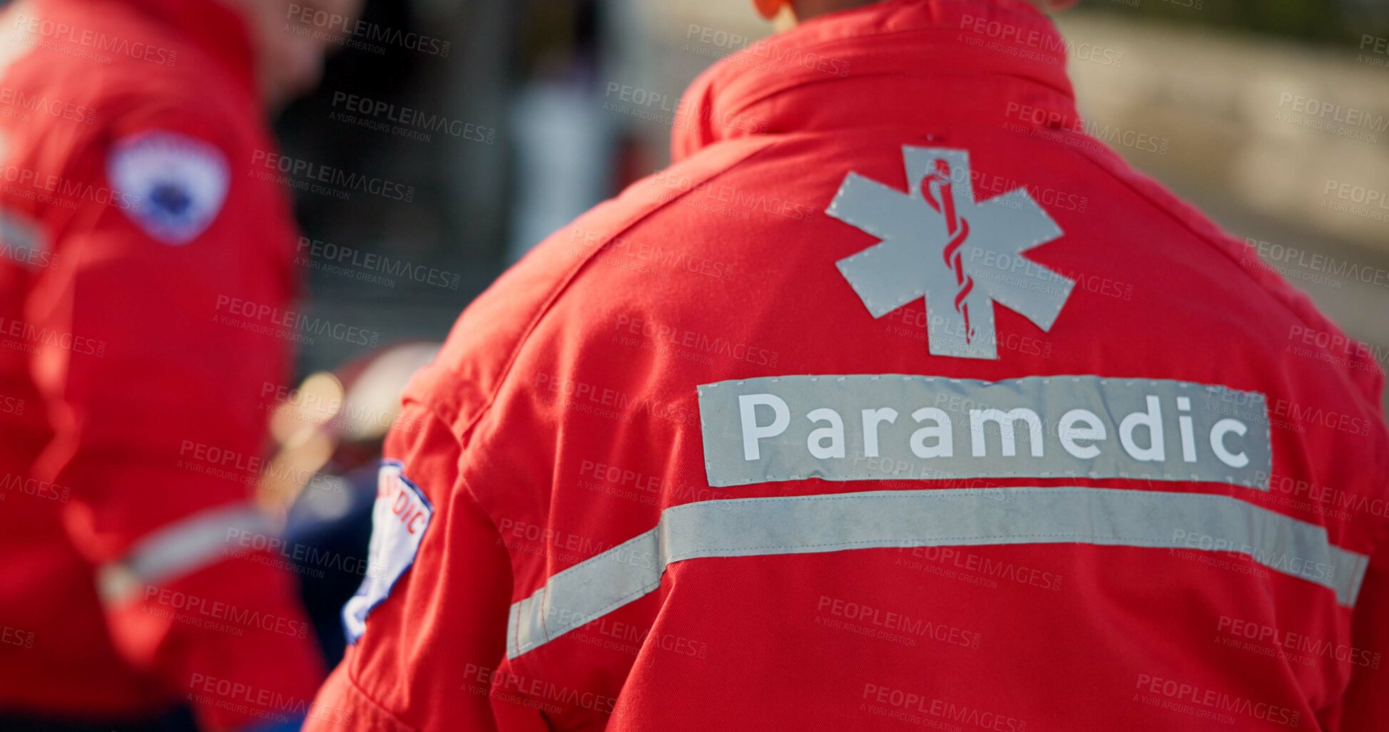 Buy stock photo Paramedic, medical emergency and people by accident with first aid for injury, healthcare or help. EMT service, rescue and back of ambulance staff on site of car crash for life saving assistance.