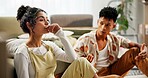 Couple, boxes and moving house with argument, new home and upset in fighting, disagreement and talking. Woman, man and sad in lounge with marriage, angry and annoyed for pride, conversation or trust