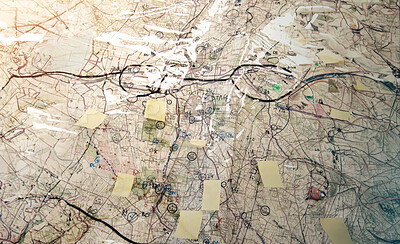 Buy stock photo Closeup of a tactical map for the military with markings and directions, used to strategise and plan from above. Marking off the enemy army troops and forces to launch attacks during a battle or war