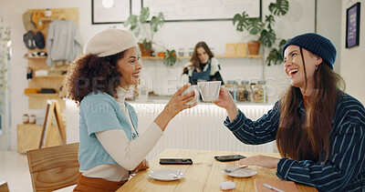 Buy stock photo Girl, friends and cheers in coffee shop for social meeting, connection and happy bonding at lunch date. Smile, brunch and women toast in cafe together with morning drinks, chat and reunion at table	