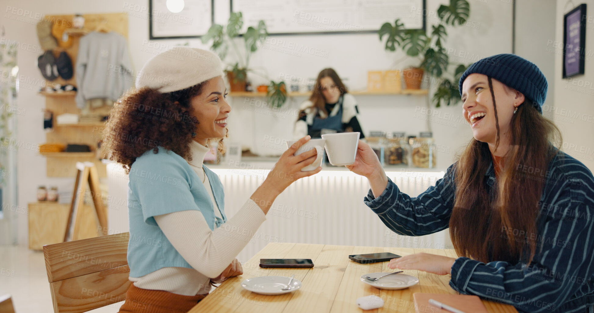 Buy stock photo Girl, friends and cheers in coffee shop for social meeting, connection and happy bonding at lunch date. Smile, brunch and women toast in cafe together with morning drinks, chat and reunion at table	