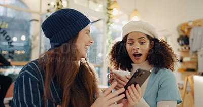 Buy stock photo Girl, friends and phone in coffee shop with gossip, happy chat or online comedy for surprise at lunch. Bonding, smartphone and women in cafe together with mobile app, shock or funny social media post