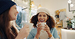 Girl, friends and laughing in coffee shop for social meeting, connection and happy bonding at lunch date. Smile, brunch and fun women in cafe together with morning drinks, chat and reunion at table