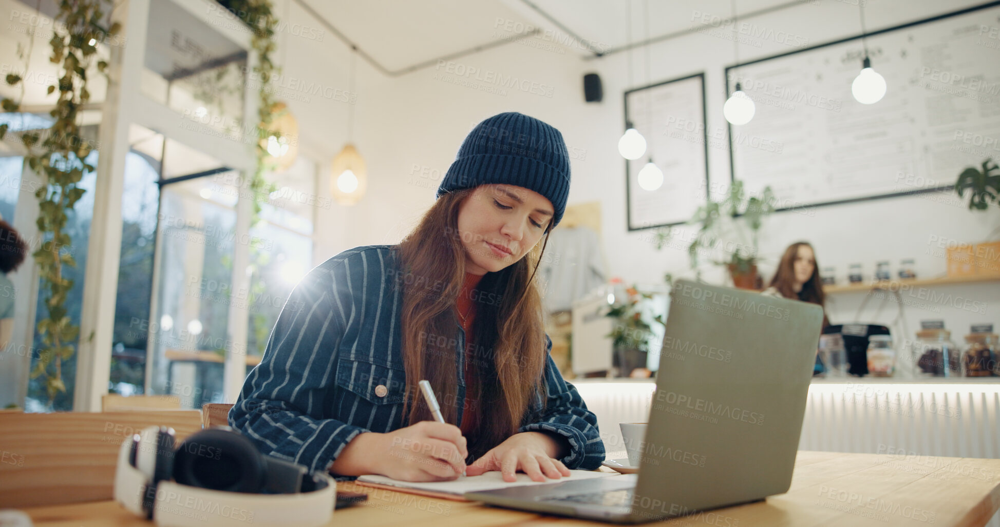 Buy stock photo Woman, notebook and writing in coffee shop for remote work, laptop and planning for freelance job. Person, writer and brainstorming for ideas, solution and problem solving for creative agency in cafe