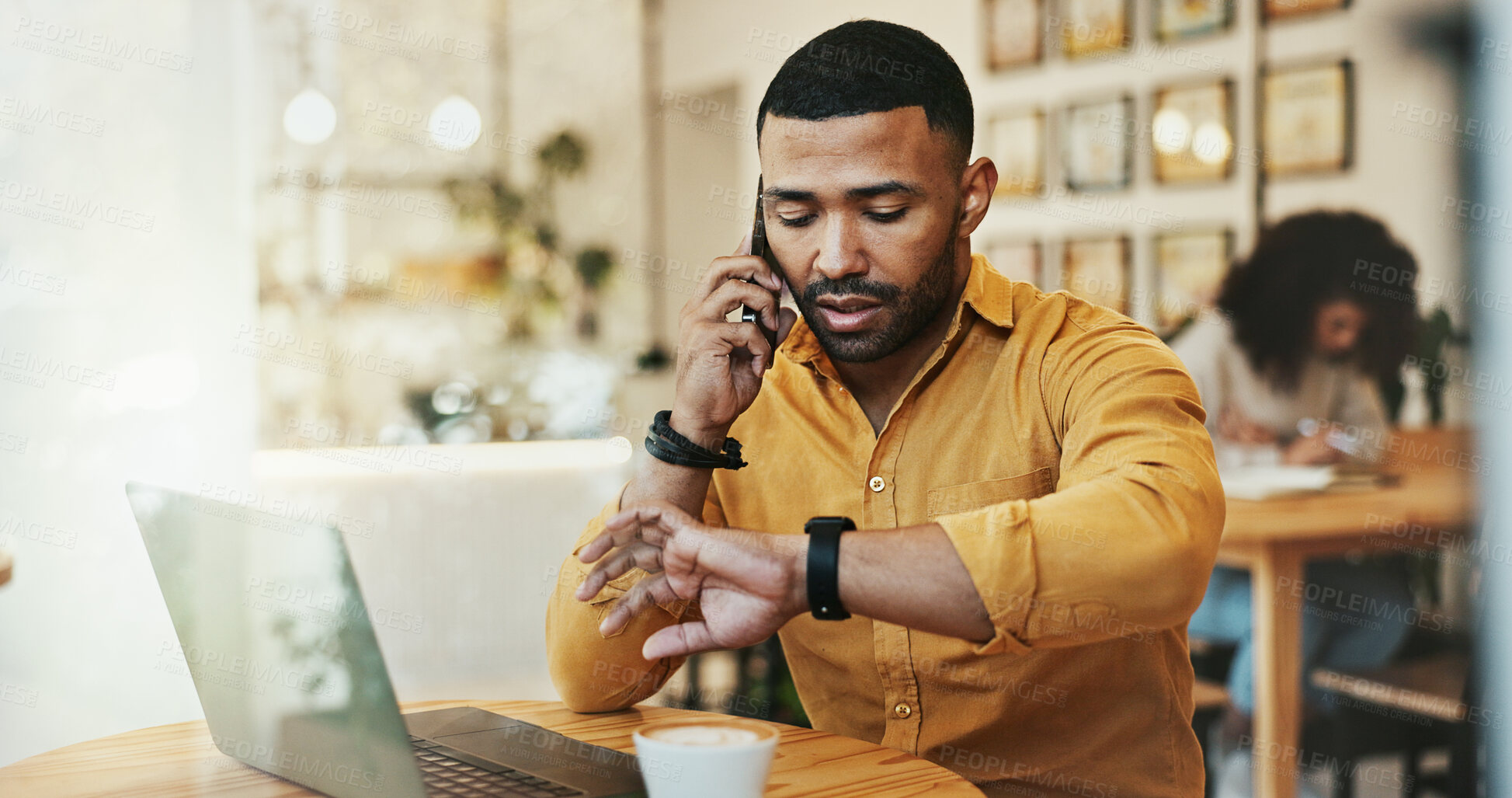 Buy stock photo Man, cafe and checking time or phone call with laptop for remote work with communication as business consultant. Entrepreneur, freelancer and discussion with appointment, schedule and time management
