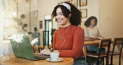 Buy stock photo Remote work, laptop and woman in cafe, video call and live streaming with internet, connection or tea. Person, copywriting or freelancer in coffee shop, pc or espresso with online meeting for project