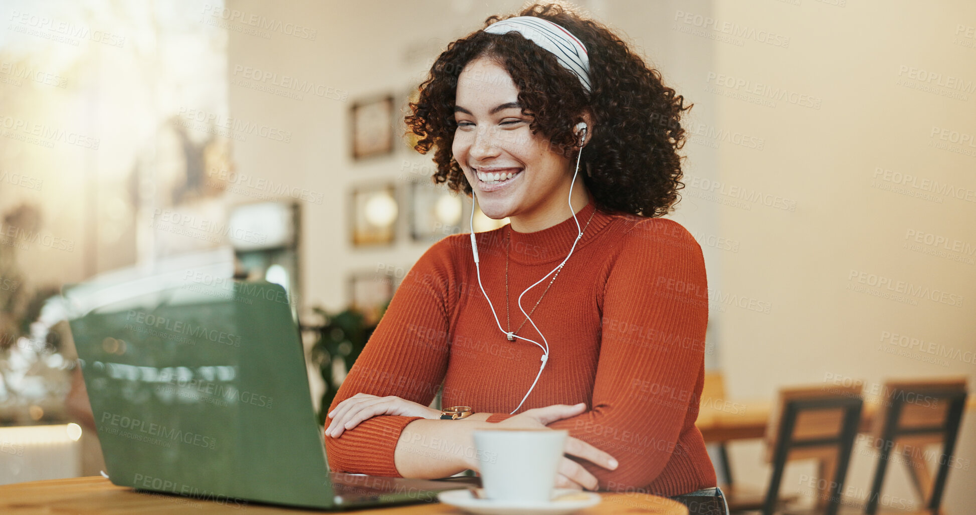 Buy stock photo Remote work, laptop and woman in cafe, smile and live streaming with internet, connection and tea. Person, copywriting and freelancer in coffee shop, computer and espresso with project and research