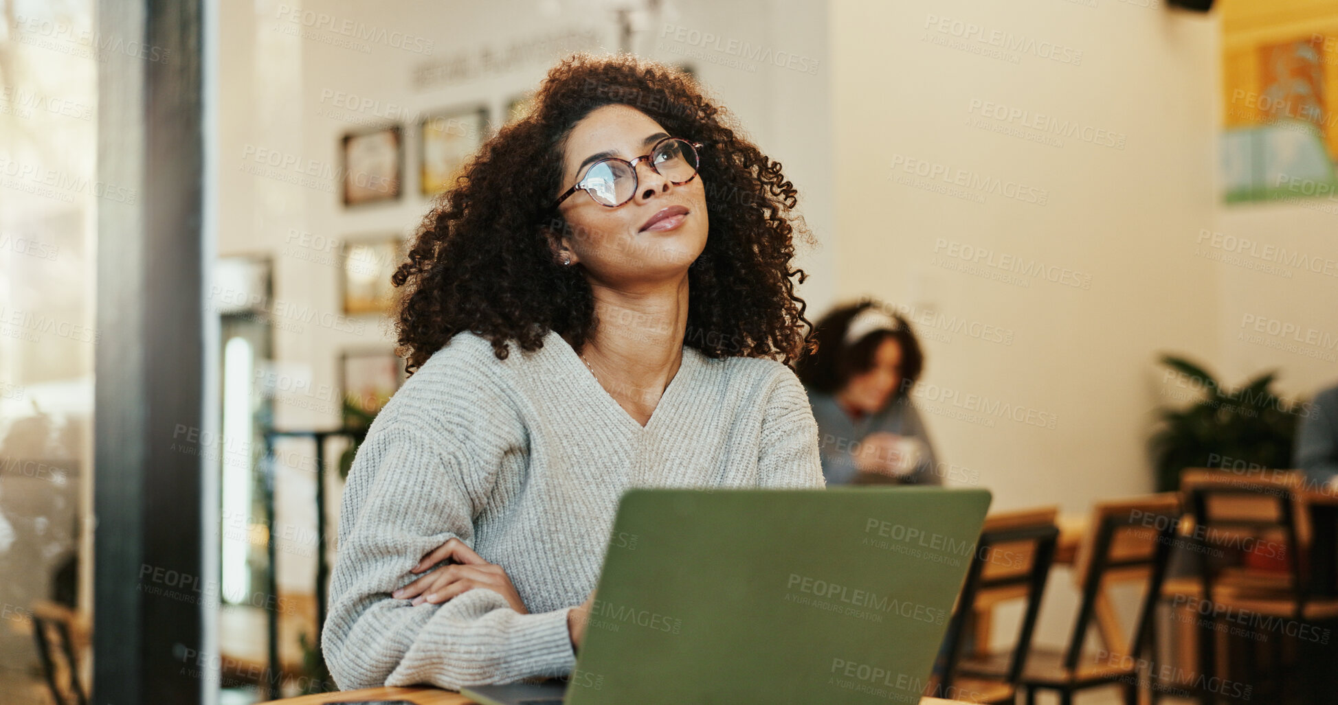 Buy stock photo Laptop, remote work and thinking with woman in coffee shop for freelance employment or entrepreneurship. Blog, computer and planning with customer in cafe or restaurant for small business or startup