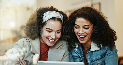 Buy stock photo Women, friends and excited at cafe on tablet with goods news or email notification for job interview. People, sisterhood and smile or happy on website or online post  for rewards and bonus on date