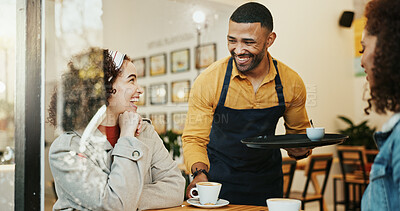 Buy stock photo Cafe, women and waiter with coffee order, conversation and customer service at restaurant. Barista, staff and happy girl friends with smile and chat at diner with employee helping with hot drink