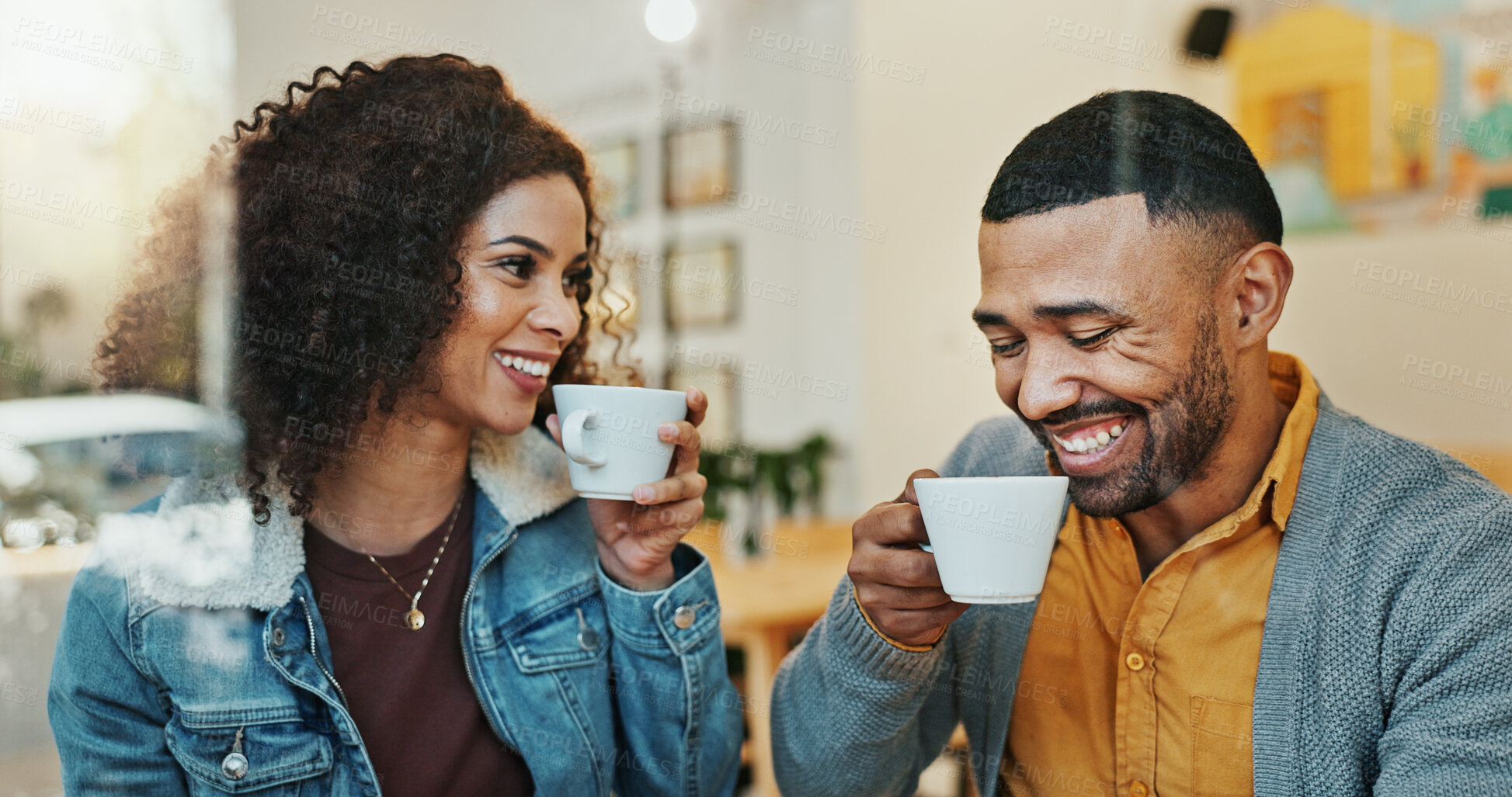 Buy stock photo People, couple and bonding for coffee date in cafe for romance, love and support with care. Relationship, lovers and happy or smile at restaurant for fun, conversation and drinking tea on break