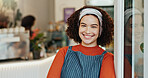 Portrait, smile and woman at coffee shop entrance for retail with friendly welcome of hospitality. Cafe, door and opening with happy restaurant owner or waitress at store for greeting or service