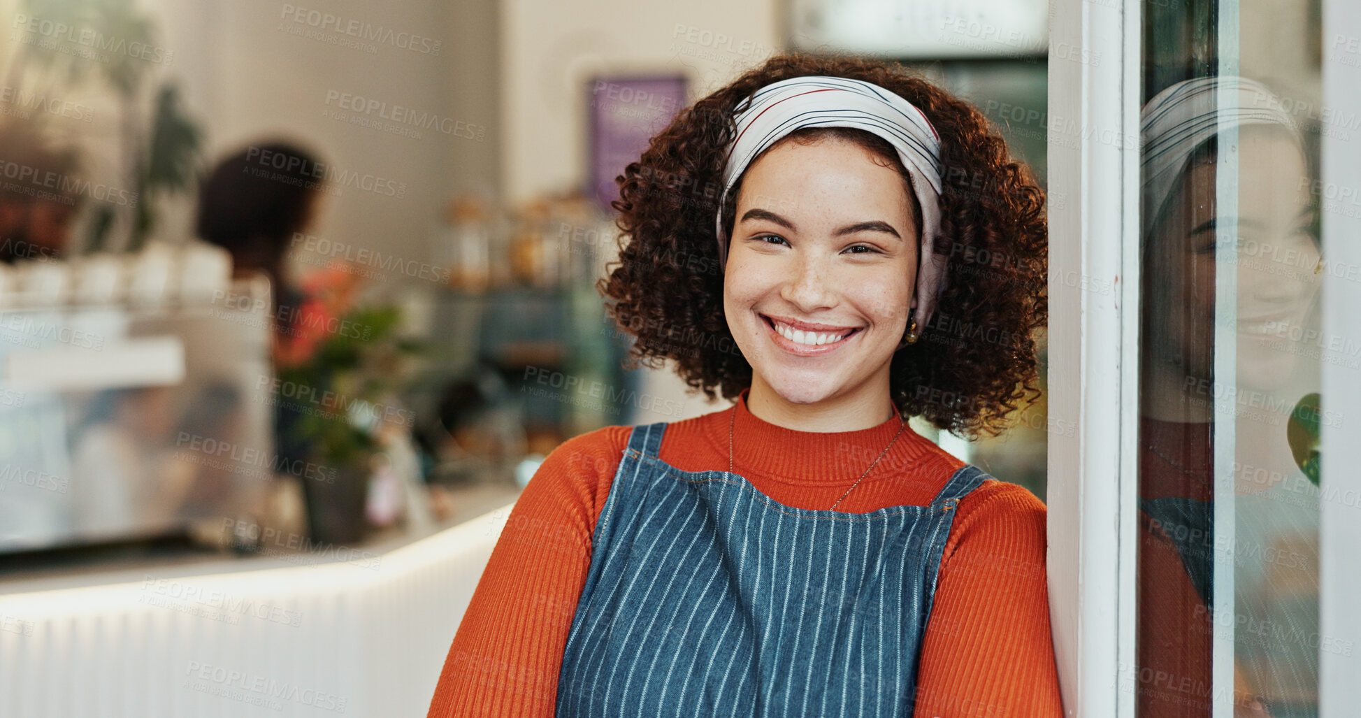 Buy stock photo Portrait, smile and woman at coffee shop entrance for retail with friendly welcome of hospitality. Cafe, door and opening with happy restaurant owner or waitress at store for greeting or service