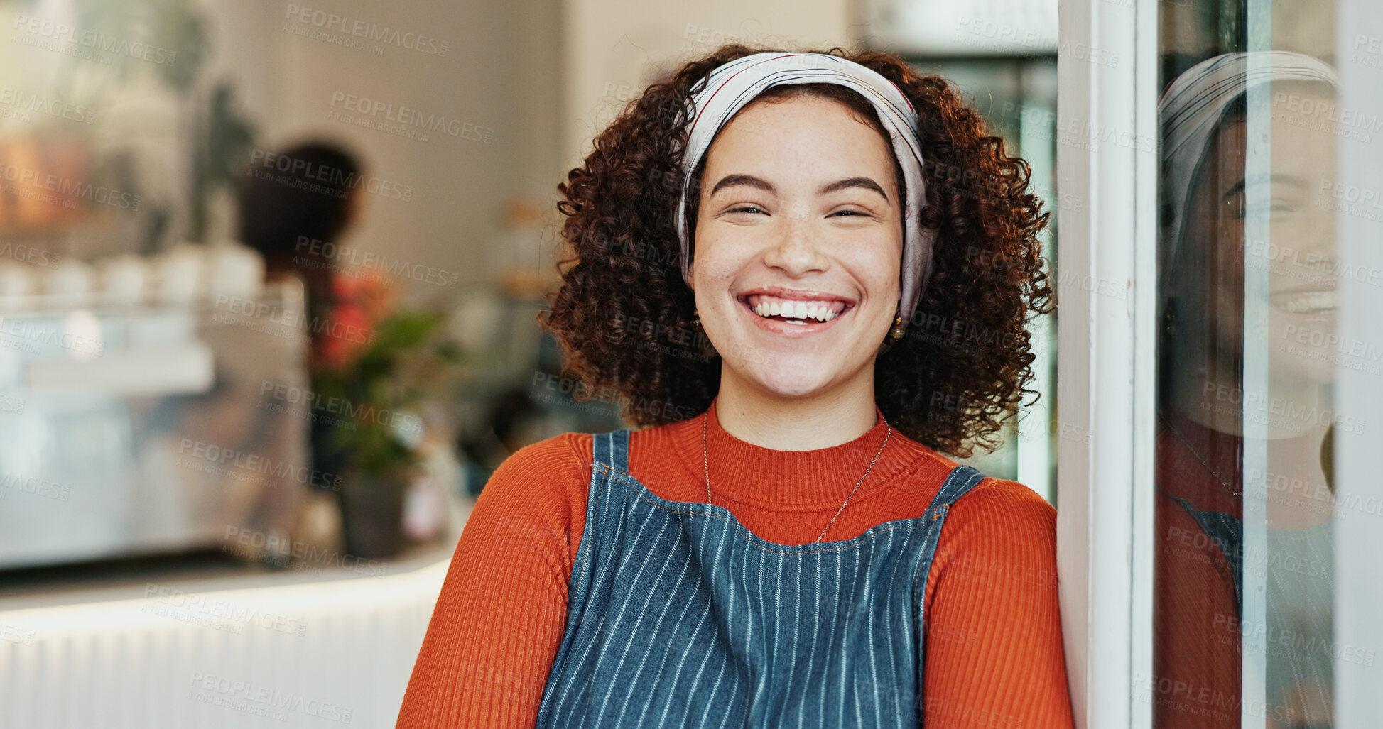 Buy stock photo Laughing, portrait and woman at coffee shop entrance for opening with friendly smile of hospitality. Cafe, door and retail with funny restaurant owner or waitress at store for greeting or service