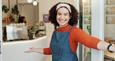 Buy stock photo Portrait, welcome and woman at coffee shop entrance for opening with friendly smile of hospitality. Cafe, door and retail with happy restaurant owner or waitress at store for greeting or service