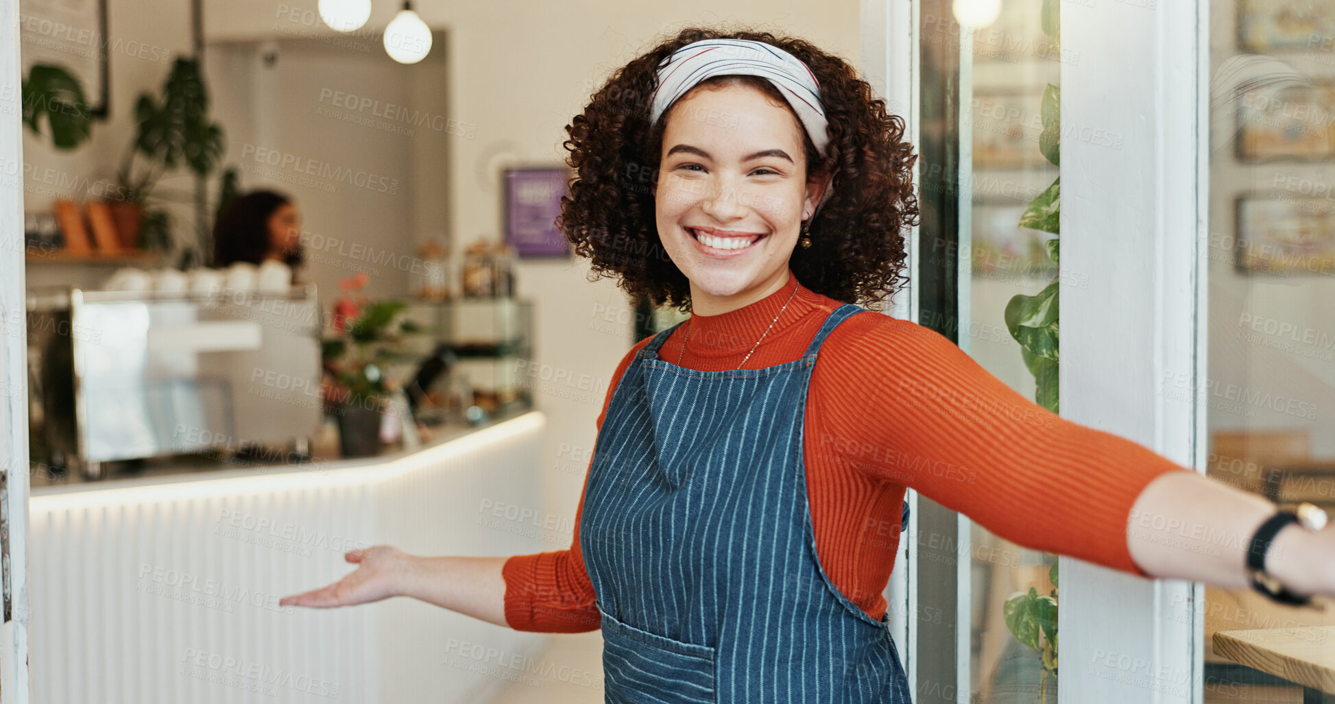 Buy stock photo Portrait, welcome and woman at coffee shop entrance for opening with friendly smile of hospitality. Cafe, door and retail with happy restaurant owner or waitress at store for greeting or service