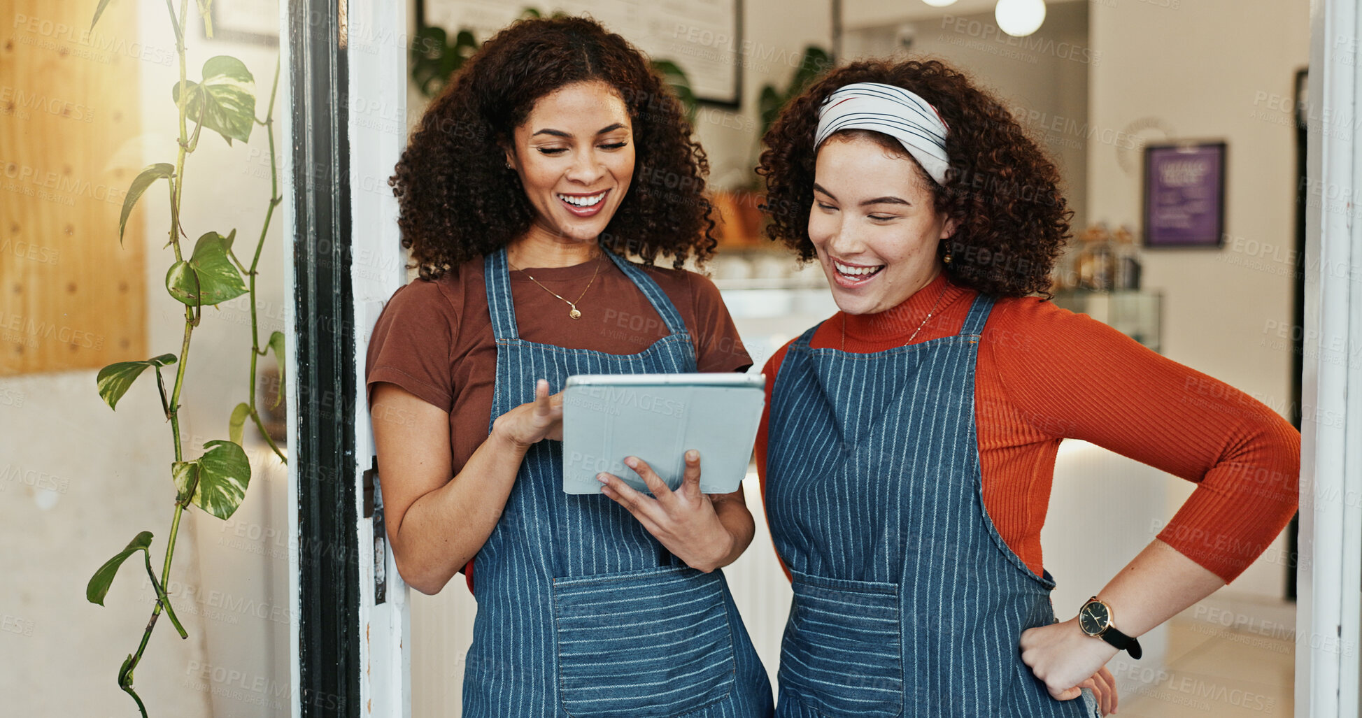 Buy stock photo Waiter, tablet and smile in cafe for website, hospitality and service with menu, stock and app. Team, technology and happy in restaurant for coffee shop startup, inventory and digital transformation