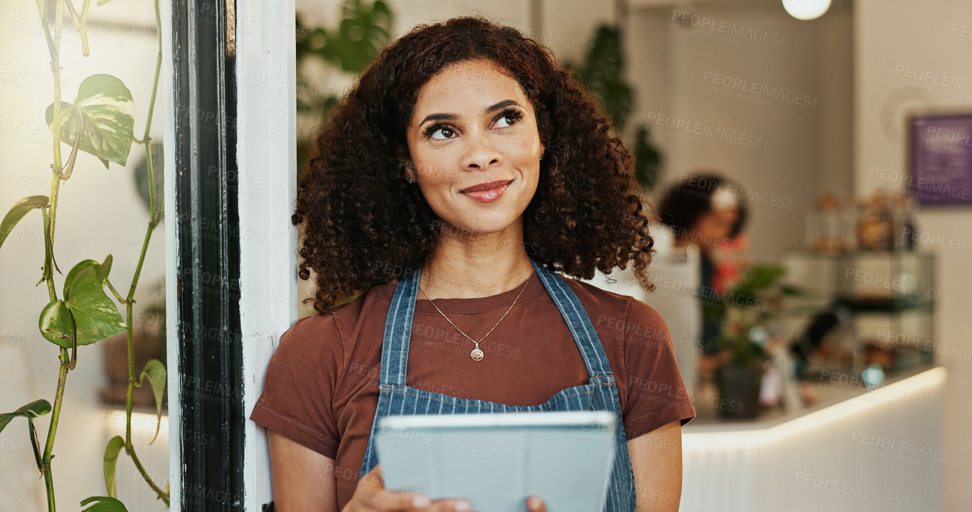 Buy stock photo Woman, thinking and tablet in cafe doorway, social media and small business website for review or orders ideas. Happy, employee and thoughts for customer service, smile and online for inventory