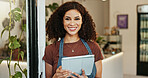 Cafe, woman and tablet or smiling portrait, employee and online inventory for website order or review. Hospitality, coffee shop and doorway for customer service, waitress and restaurant with tech