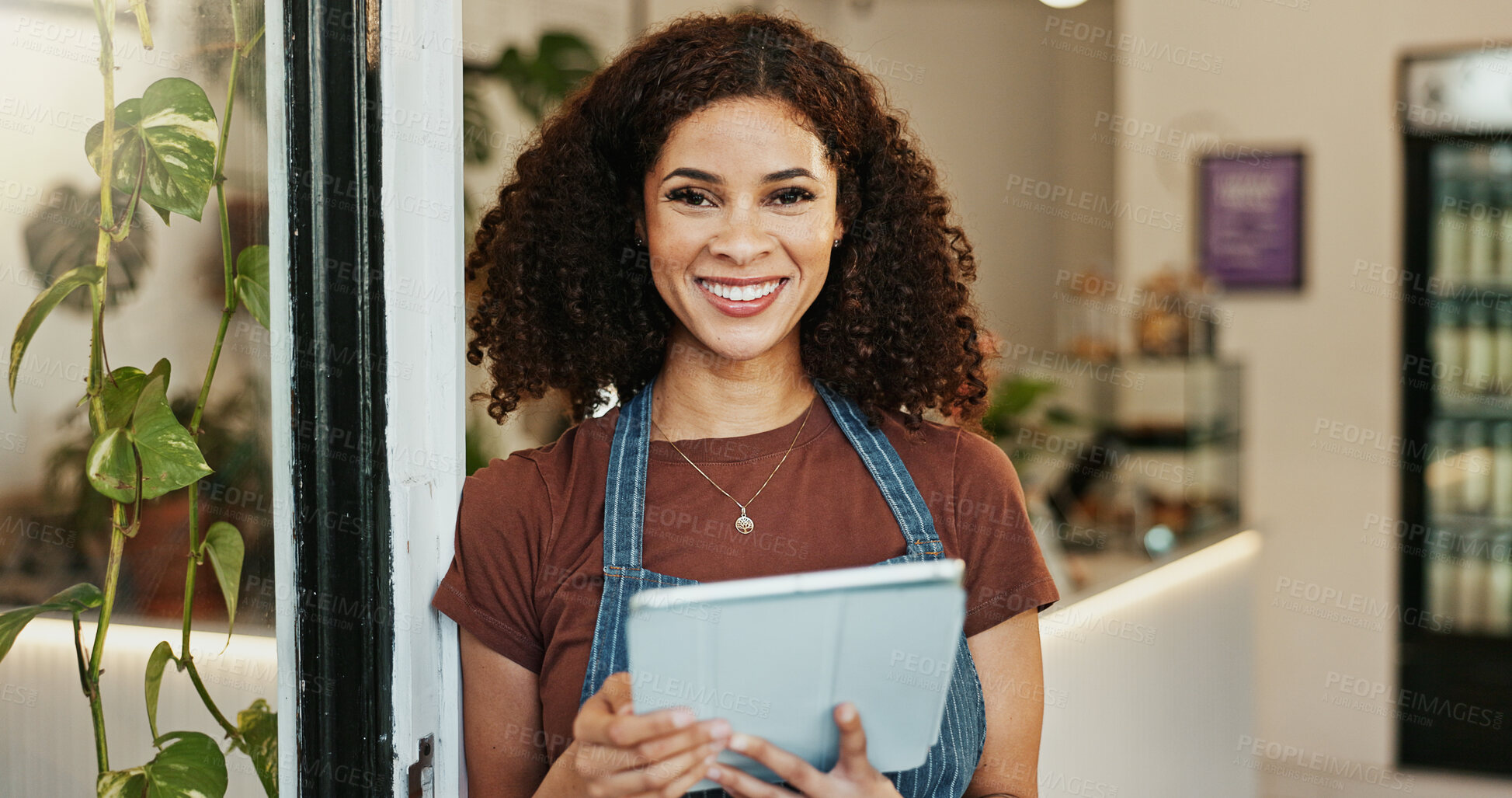 Buy stock photo Cafe, woman and tablet or smiling portrait, employee and online inventory for website order or review. Hospitality, coffee shop and doorway for customer service, waitress and restaurant with tech