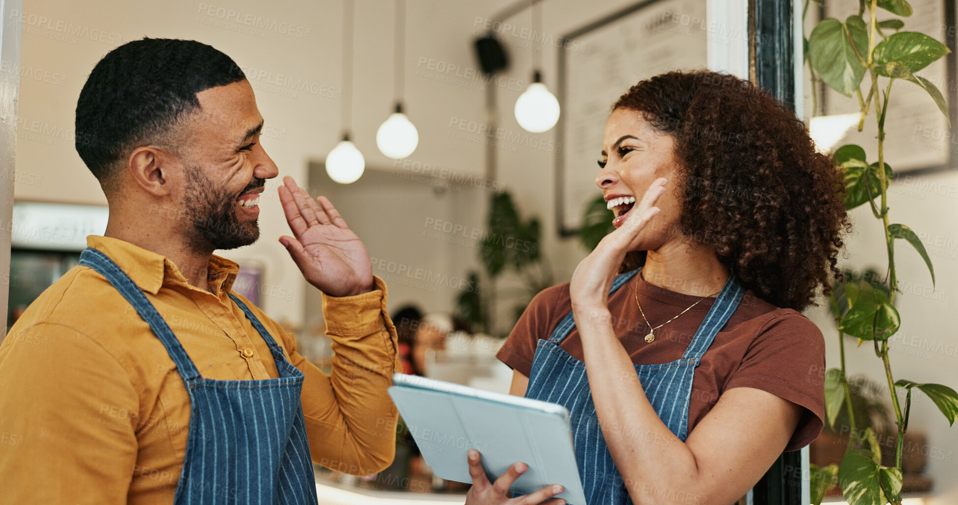 Buy stock photo Happy people, celebration and high five with tablet for teamwork, success or sale together at cafe. Excited waiters or employees touching with smile on technology for online startup at coffee shop