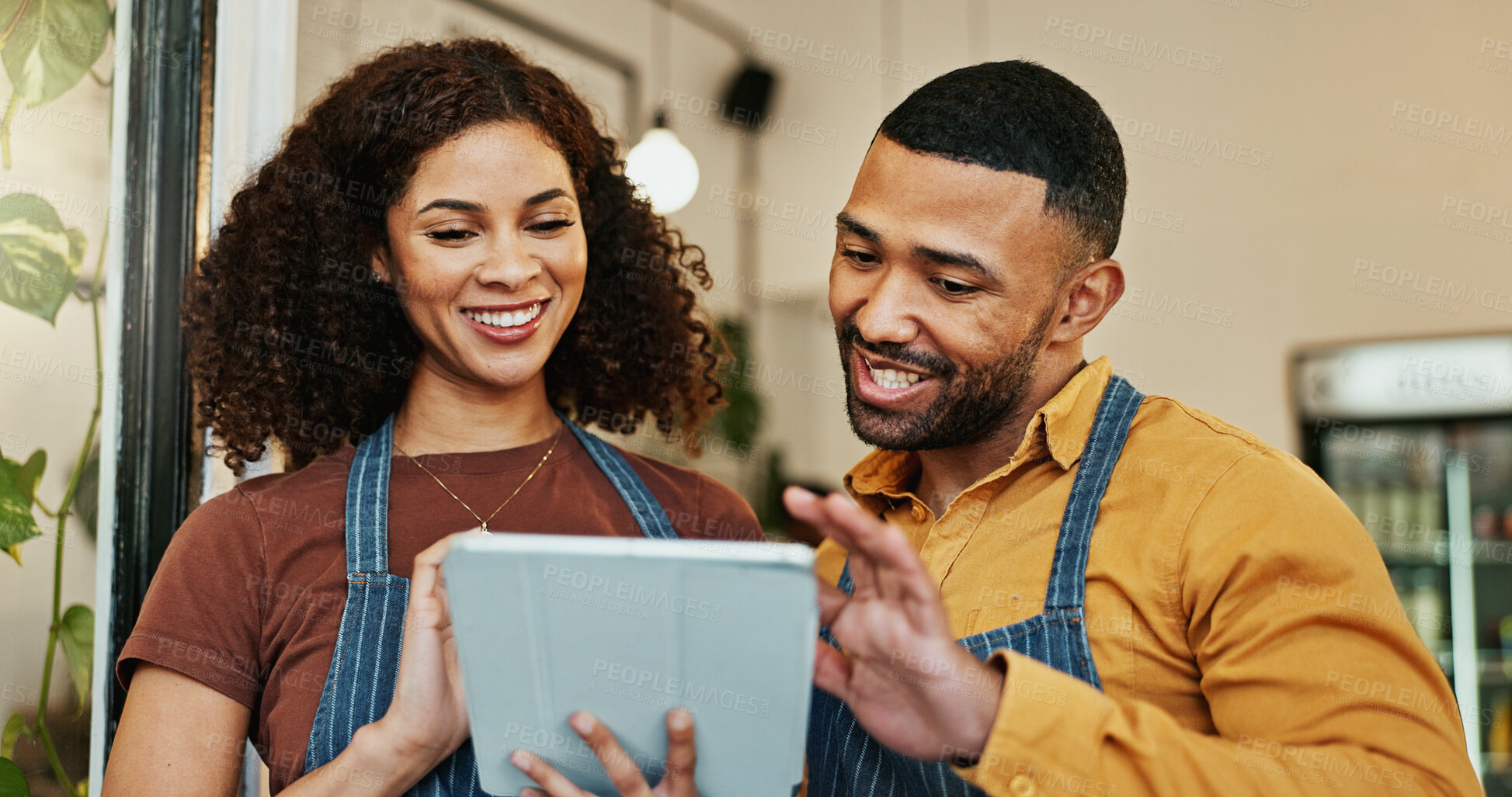 Buy stock photo Colleagues, waiter and happy with tablet in cafe with research on website for menu ideas. Man, woman and smile as partners in small business or restaurant for online order, shopping and ecommerce