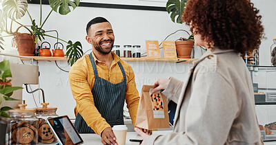 Buy stock photo Waiter, bag and customer in cafe for hospitality, lunch and online payment with coffee and package. Woman, server and smile in restaurant for sale, exchange and breakfast with professional service