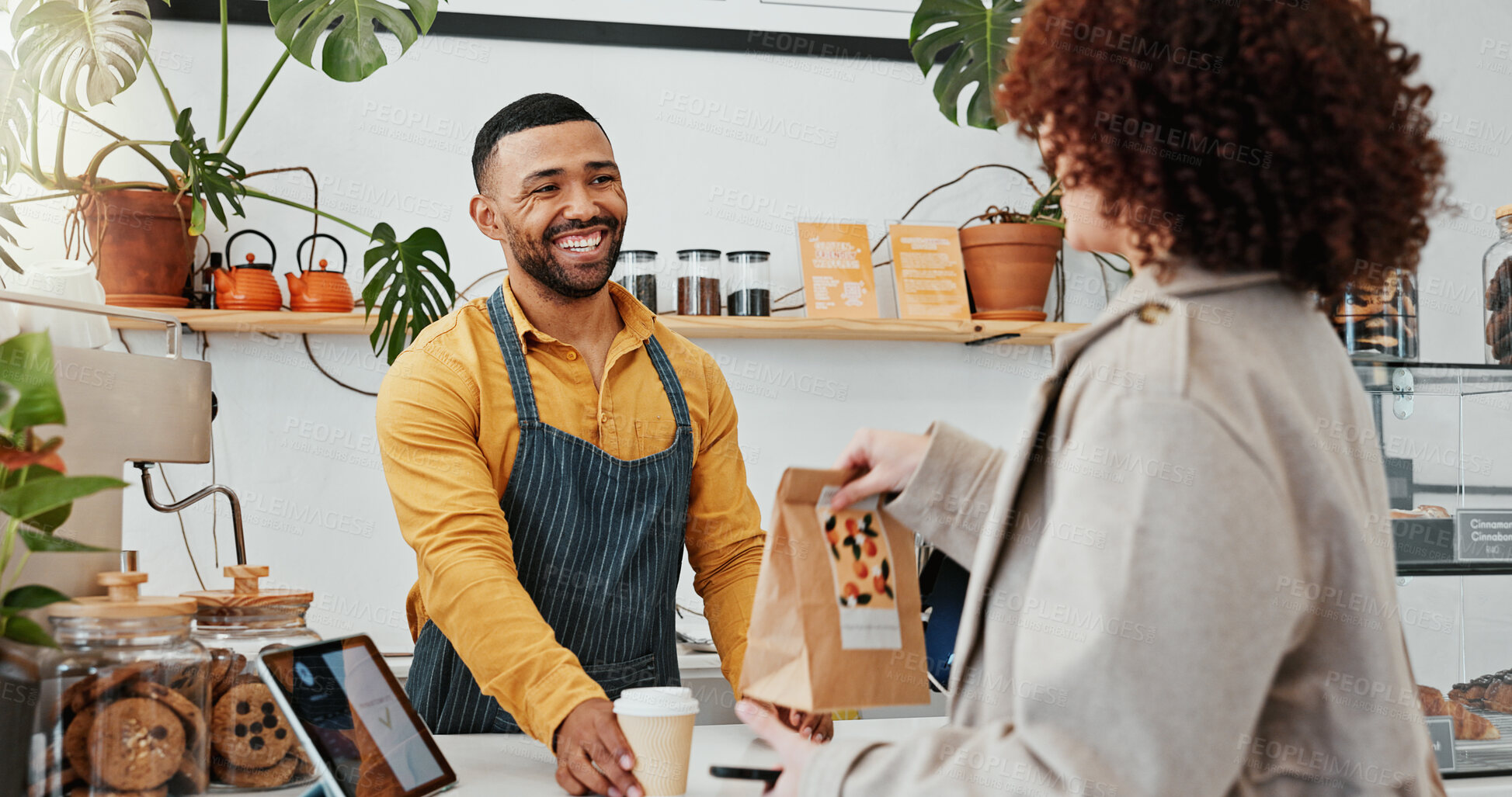 Buy stock photo Waiter, bag and customer in cafe for hospitality, lunch and online payment with coffee and package. Woman, server and smile in restaurant for sale, exchange and breakfast with professional service