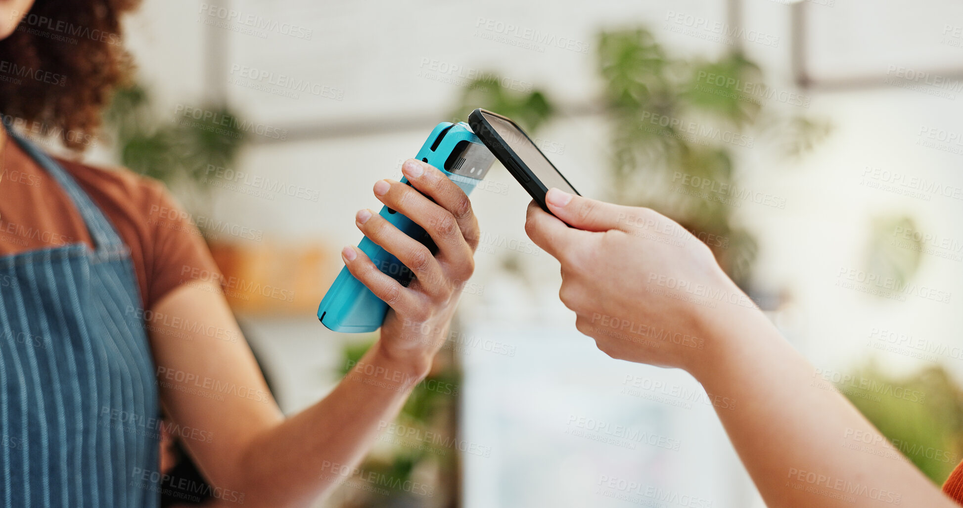 Buy stock photo Person, hands and nfc with smartphone to pay in coffee shop for sale, ecommerce and digital checkout. Closeup, waiter and cafe with technology for internet banking, payment and online transaction.