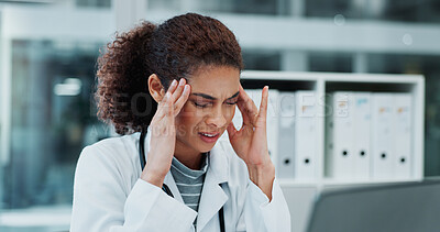 Buy stock photo Stress, doctor and burnout in office, headache or thinking of medical research for diagnosis of disease. Hospital, unhappy and woman with massage for migraine and working with pain for healthcare