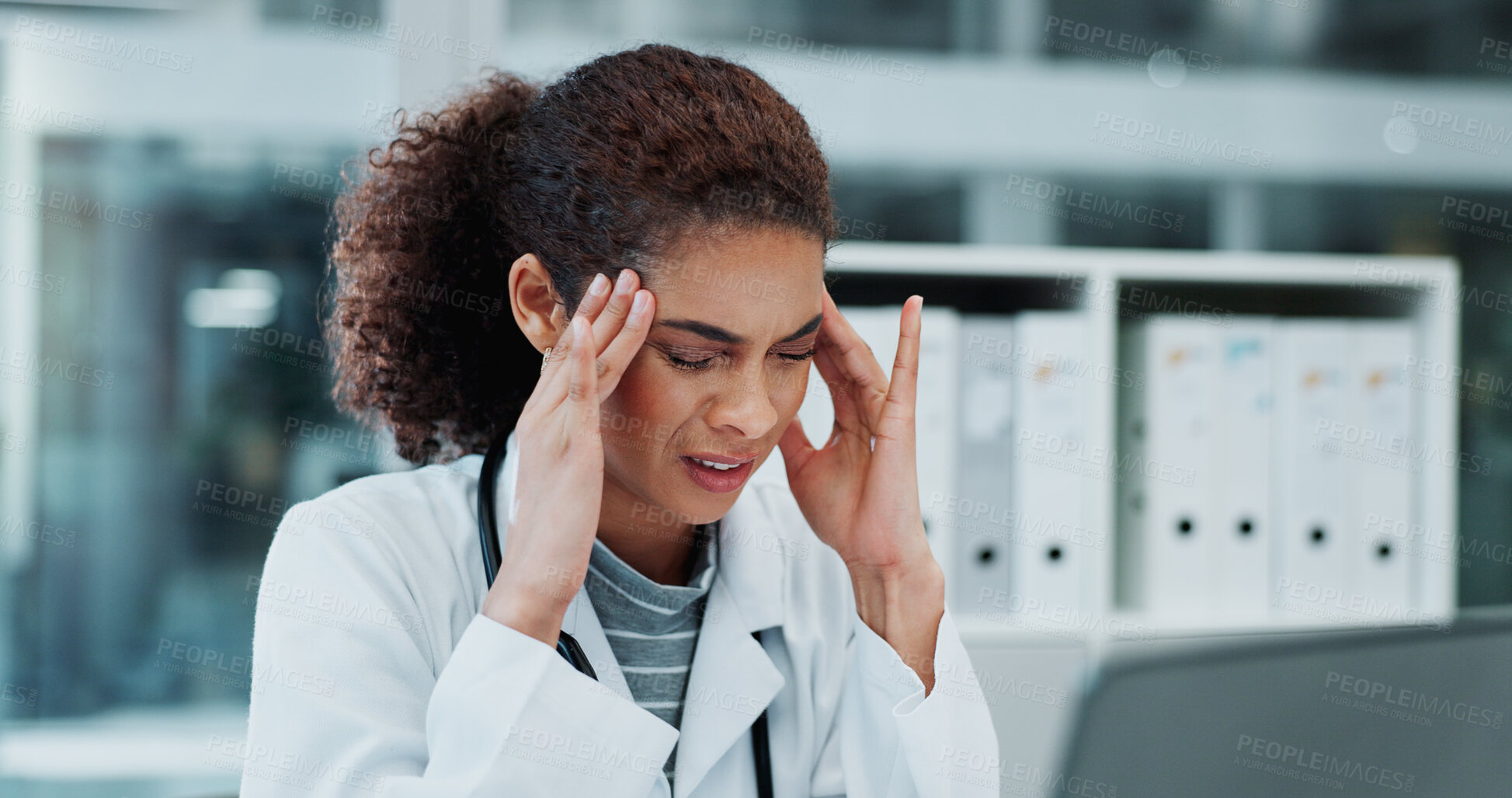 Buy stock photo Stress, doctor and burnout in office, headache or thinking of medical research for diagnosis of disease. Hospital, unhappy and woman with massage for migraine and working with pain for healthcare