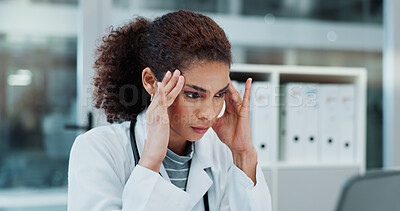 Buy stock photo Stress, doctor and thinking in office, headache and reading of medical research for diagnosis of disease. Hospital, migraine and woman with burnout for healthcare, concentration and working with pain